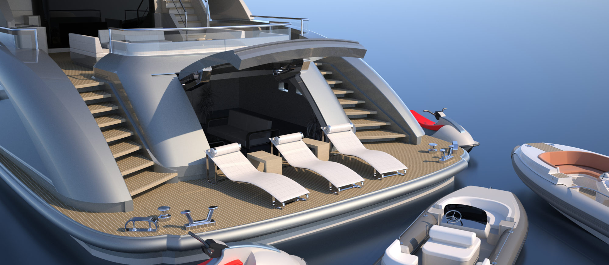 Conrad C166 Superyacht Concept Vallicelli Visualisation Aft Garage Beach Club 1